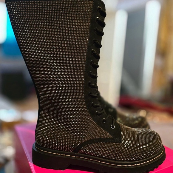 torrid Shoes - Torrid x Betsey Johnson Black Rhinestone Lace-Up Women's Combat Boots
